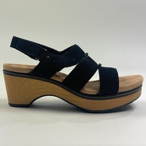 Clarks Seannah Glow Black Suede Leather Womens 8 Wedge Heel Sandals 26177433